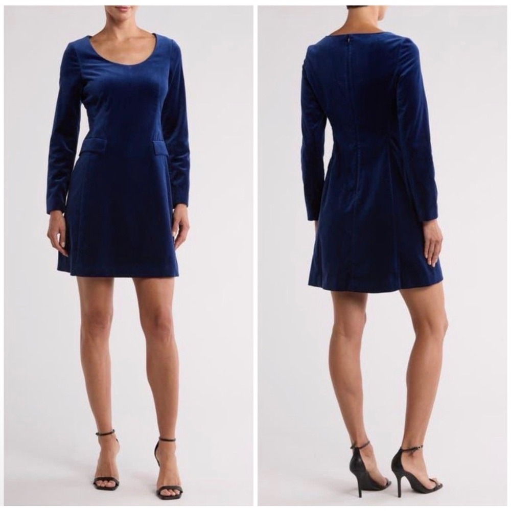 New Theory Stretch Velvet Velour Shift Dress Flap Pockets Long Sleeve Blue Sz 00